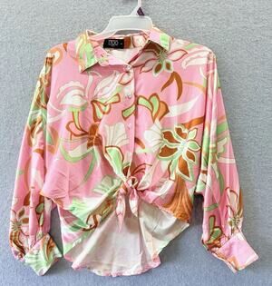 Floral Satin Button Down Long Sleeve Blouse Preppy Boho Pink Small Italy Artsy